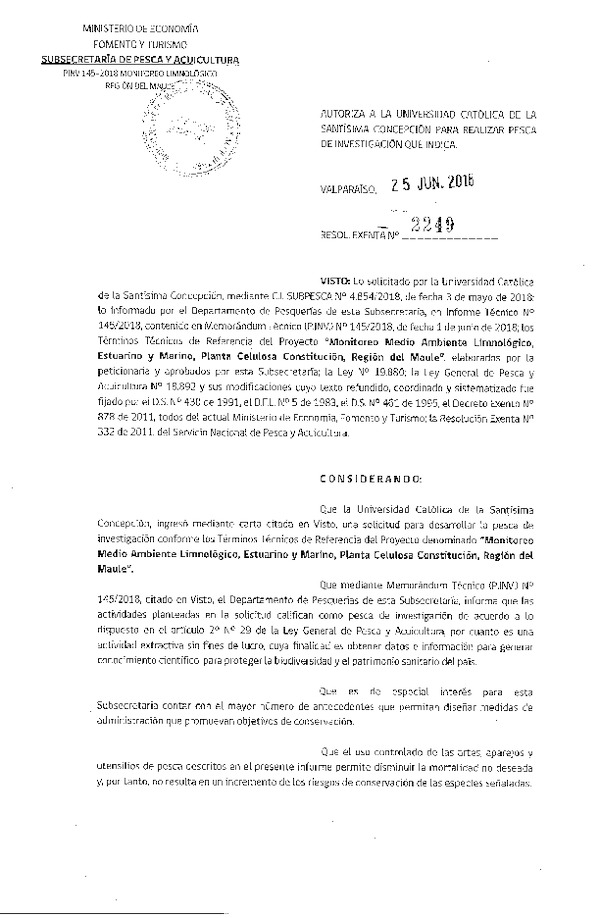 Res. Ex. N° 2249-2018 Monitoreo medio ambiente limnológico Región del Maule.