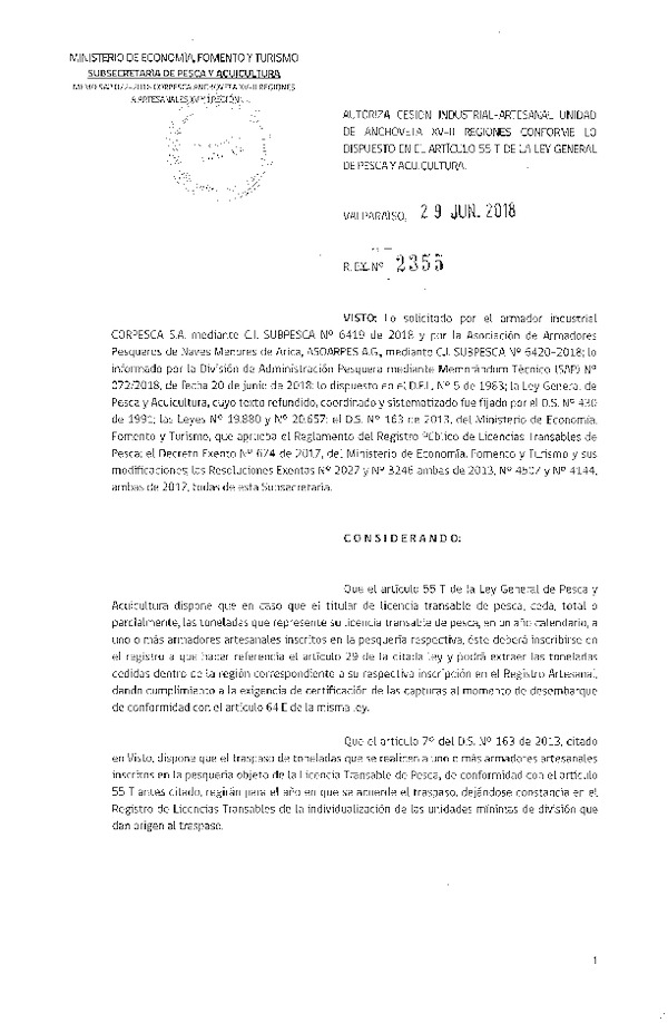 Res. Ex. N° 2355-2018 Autoriza cesión Anchoveta Región Arica y Parinacota a Región de Antofagasta.