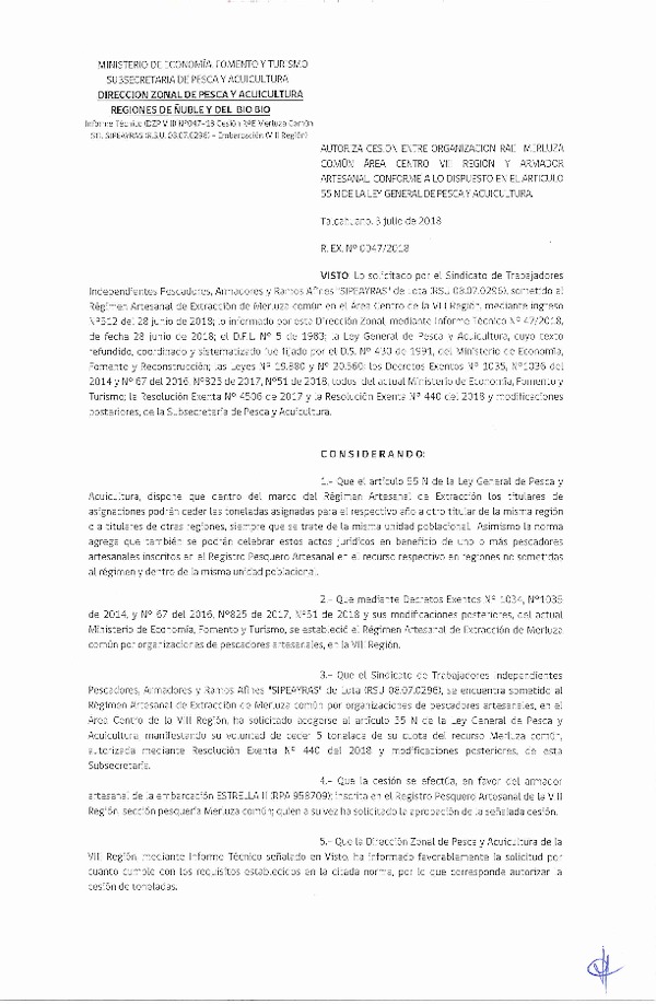 Res. Ex. N° 47-2018 (DZP VIII) Autoriza Cesión Merluza común, Regiones de Ñuble y del Biobío.