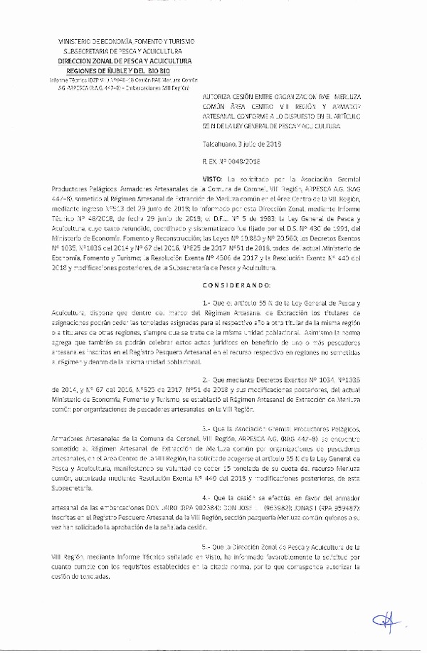 Res. Ex. N° 48-2018 (DZP VIII) Autoriza Cesión Merluza común, Regiones de Ñuble y del Biobío.