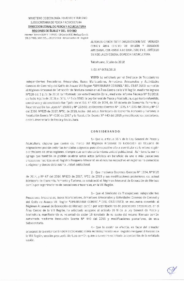 Res. Ex. N° 51-2018 (DZP VIII) Autoriza Cesión Merluza común, Regiones de Ñuble y del Biobío.