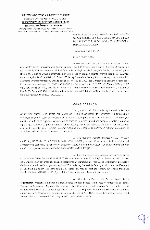 Res. Ex. N° 53-2018 (DZP VIII) Autoriza Cesión Merluza común, Regiones de Ñuble y del Biobío.