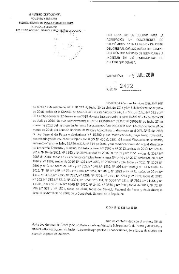 Res. Ex. N° 2472-2018 Fija Densidad de Cultivo para la Agrupación de Concesiones de Salmónidos 32 Región de Aysén (Con Informe Técnico) (Publicado en Página Web 10-07-2018) (F.D.O. 18-07-2018)