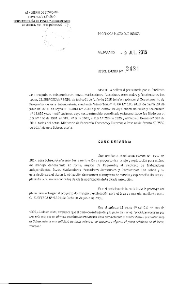 Res. Ex. N° 2481-2018 Prorroga Plan de Manejo.