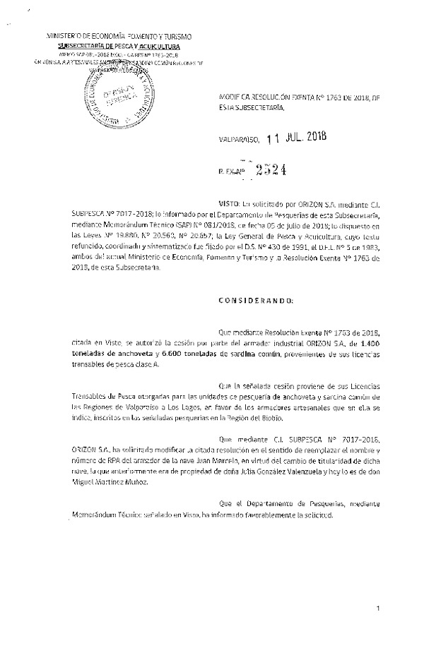 Res. Ex. N° 2524-2018 Modifica Res. Ex. N° 1763-2018 Autoriza cesión anchoveta y sardina común Región del Biobío.