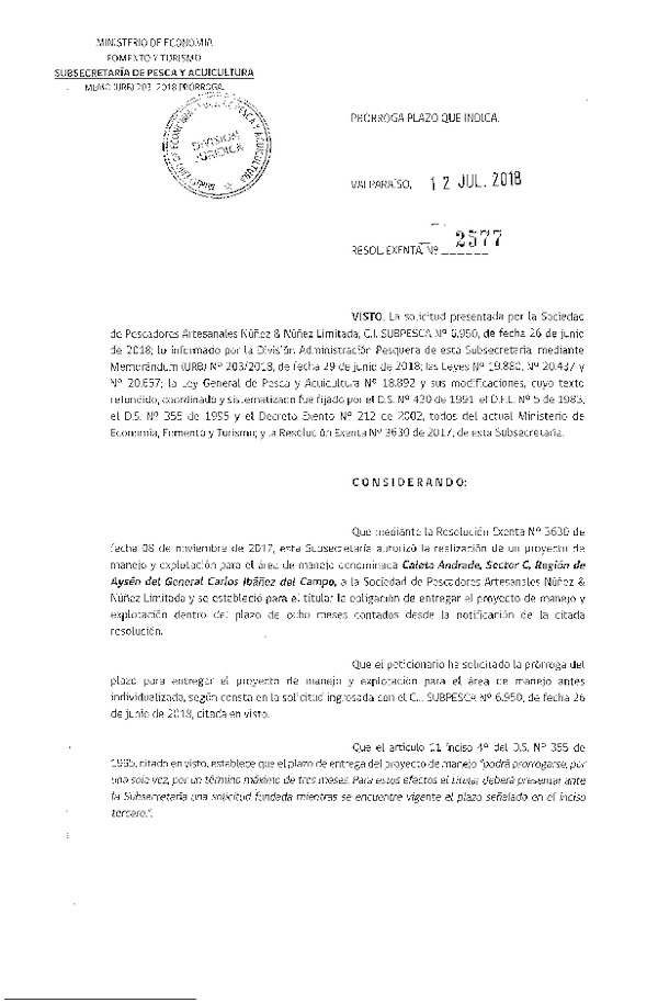 Res. Ex. N° 2577-2018 Prorroga Plan de Manejo.