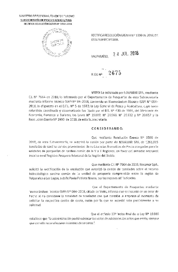Res. Ex. N° 2675-2018 Rectifica Res. Ex. N° 1990-2018 Autoriza cesión Anchoveta y Sardina común Región del Biobío.