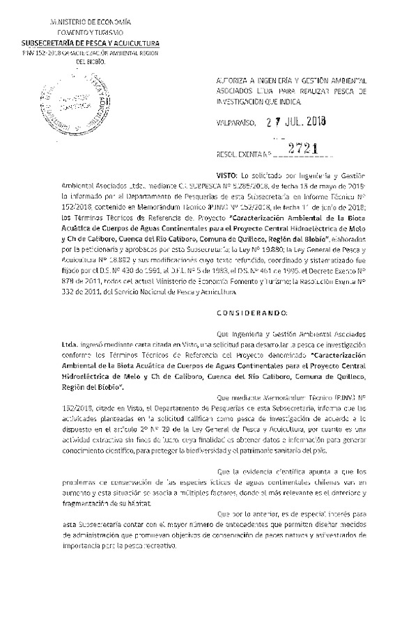 Res. Ex. N° 2721-2018 Caracterización ambiental biota acuática, Región del Biobío.