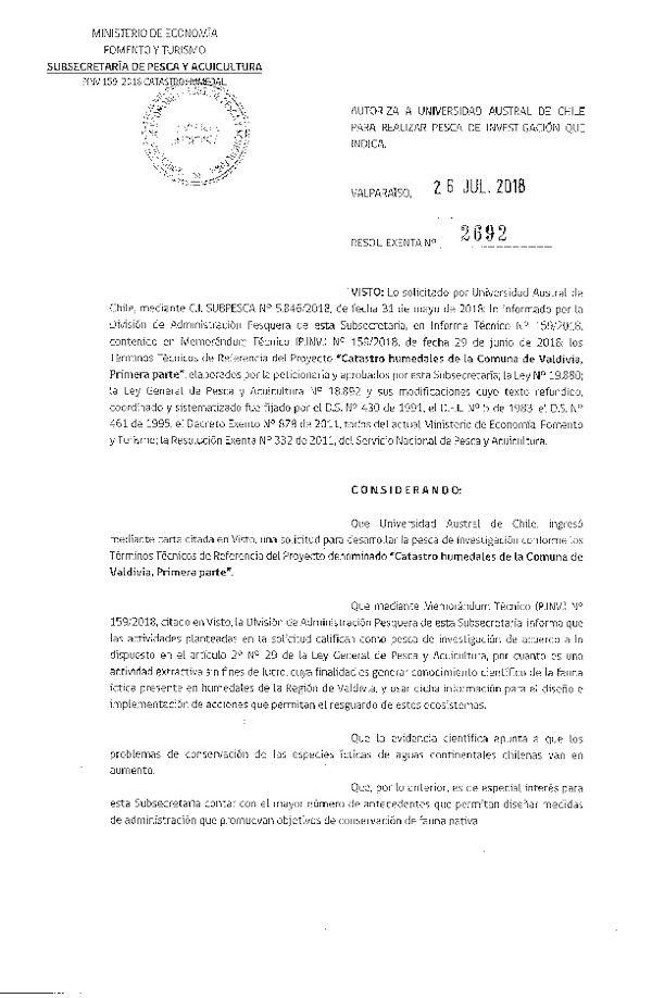 Res. Ex. N° 2692-2018 Catastro humedales comuna de Valdivia.