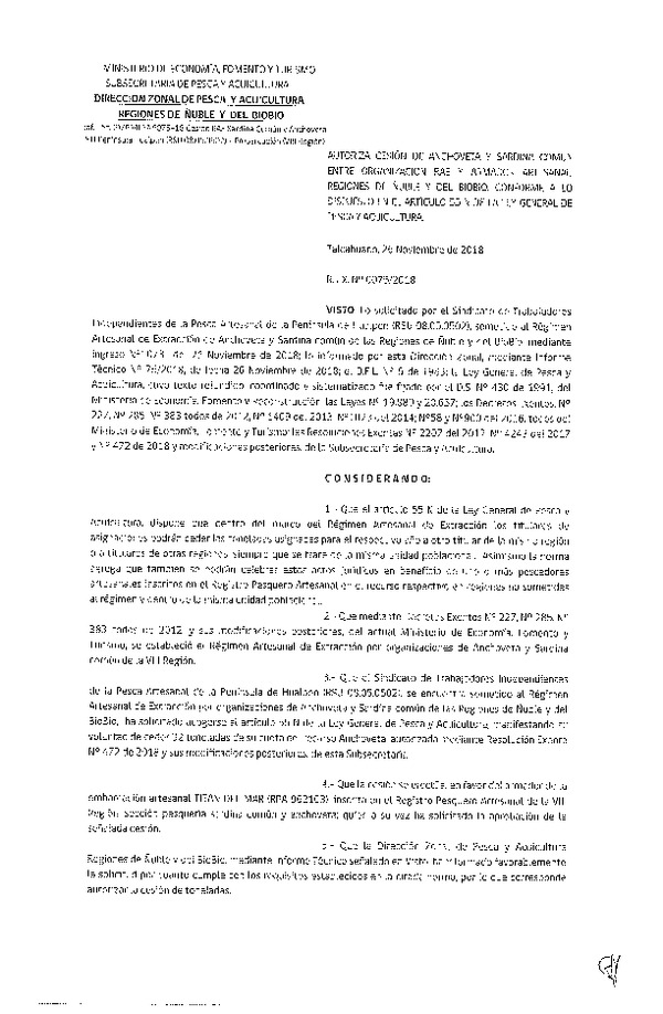 Res. Ex. N° 74-2018 (DZP VIII) Autoriza Cesión Anchoveta y Sardina común, Regiones de Ñuble y del Biobío.