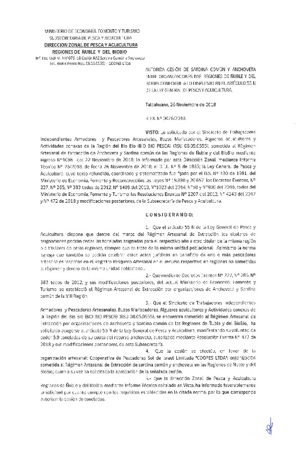Res. Ex. N° 76-2018 (DZP VIII) Autoriza Cesión Anchoveta y Sardina común, Regiones de Ñuble y del Biobío.