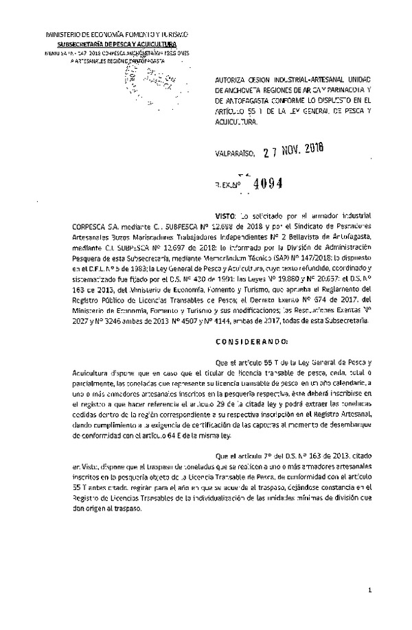 Res. Ex. N° 4094-2018 Autoriza cesión Anchoveta Región Arica y Parinacota y Región de Antofagasta.