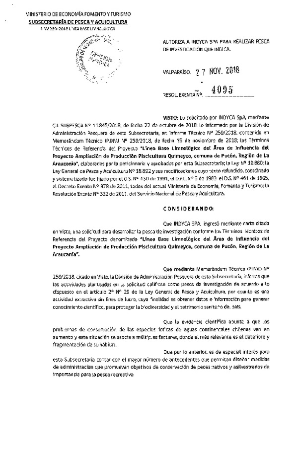 Res. Ex. N° 4095-2018 Línea base limnológico, Región de La Araucanía.