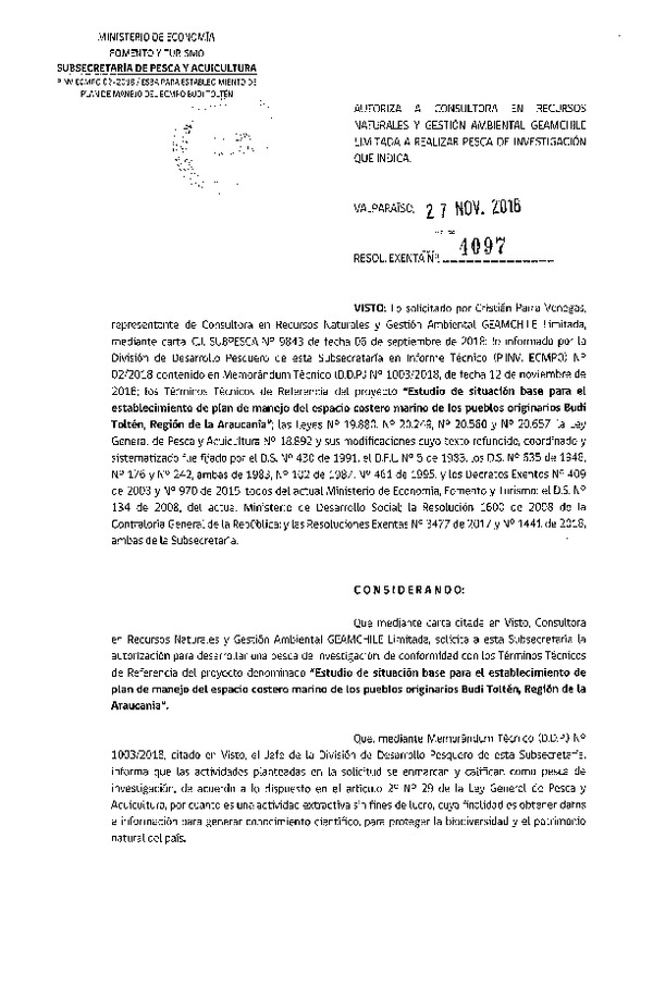 Res. Ex. N° 4097-2018 Estudio de situación base plan de manejo ECMPO, Región de La Araucanía.
