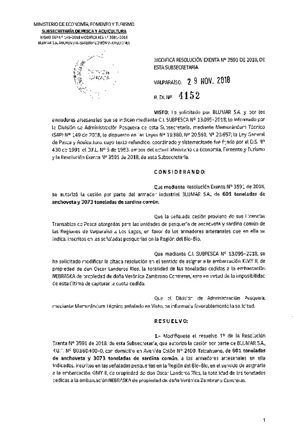 Res. Ex. N° 4152-2018 Modifica Res. Ex. N° 3591-2018 Cesión Anchoveta Región del Biobío.