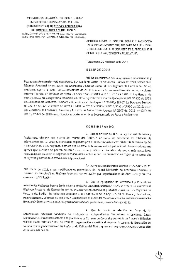 Res. Ex. N° 79-2018 (DZP VIII) Autoriza Cesión Anchoveta y Sardina común, Regiones de Ñuble y del Biobío.