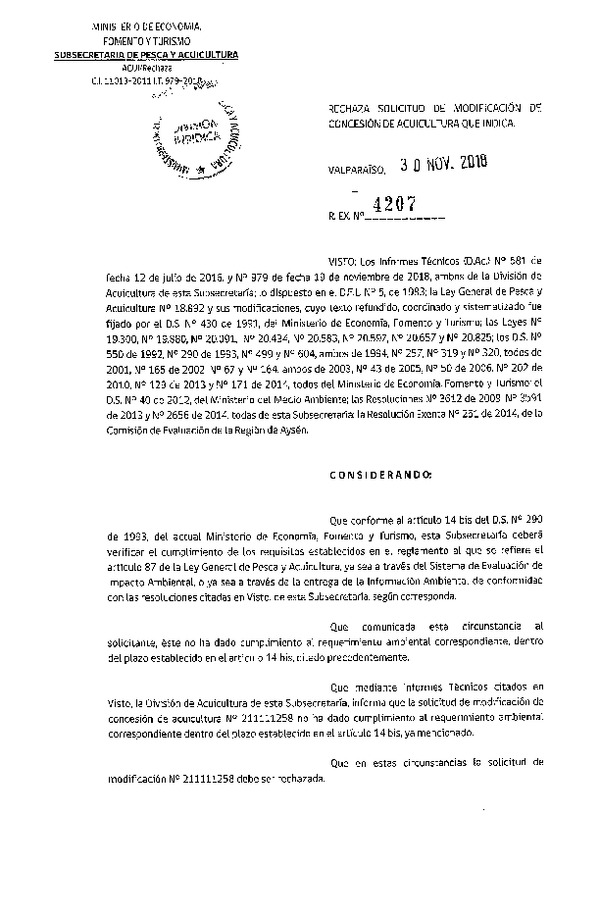 Res. Ex. N° 4207-2018 Rechaza solicitud modificación de concesión de acuicultura que indica.