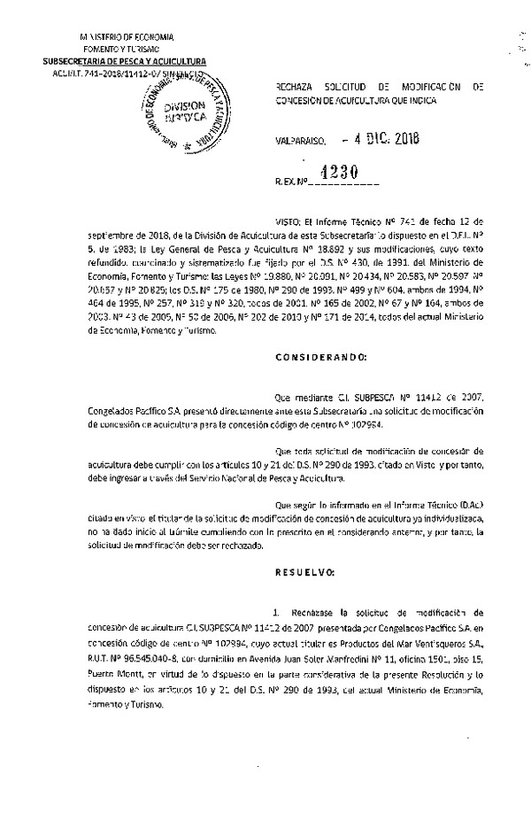 Res. Ex. N° 4230-2018 Rechaza solicitud modificación de concesión de acuicultura que indica.