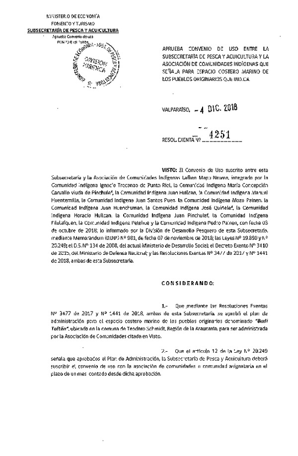 Res. Ex. N° 4251-2018 Aprueba convenio de uso que indica para ECMPO Budi Toltén. (Publicado en Página Web 05-12-2018)