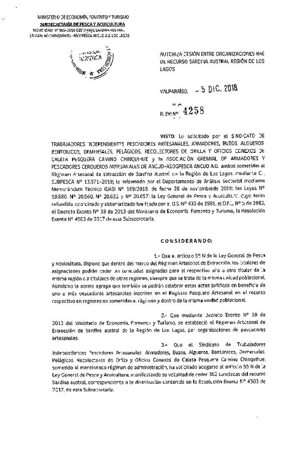 Res. Ex. N° 4258-2018 Autoriza cesión de Sardina austral, Región de Los Lagos.