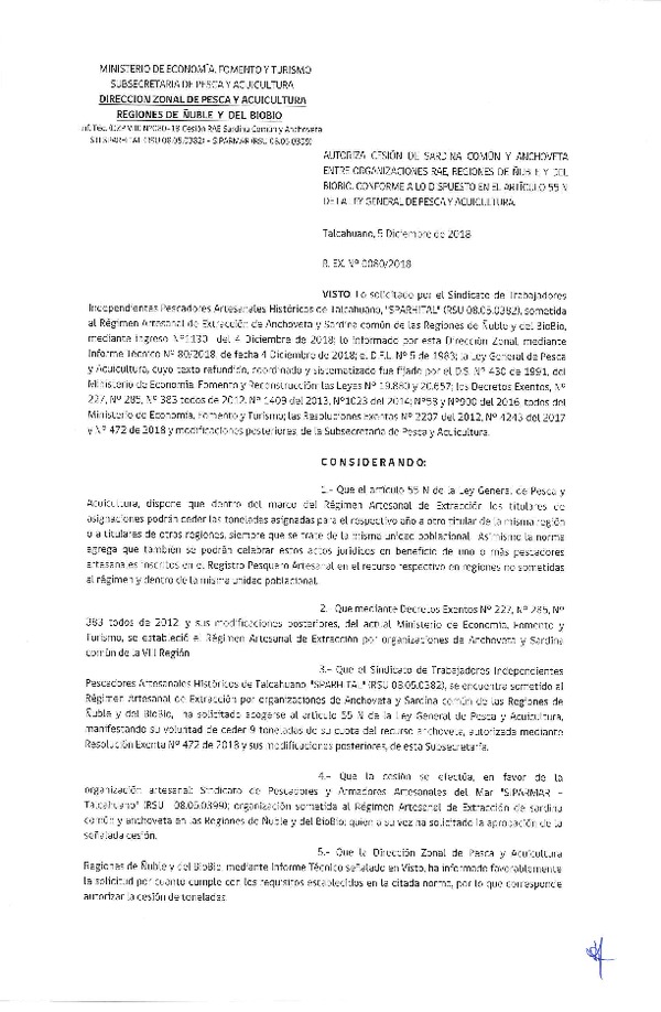 Res. Ex. N° 80-2018 (DZP VIII) Autoriza Cesión Anchoveta y Sardina común, Regiones de Ñuble y del Biobío.