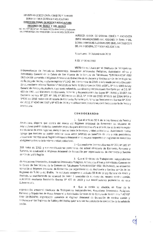 Res. Ex. N° 84-2018 (DZP VIII) Autoriza Cesión Anchoveta y Sardina común, Regiones de Ñuble y del Biobío.
