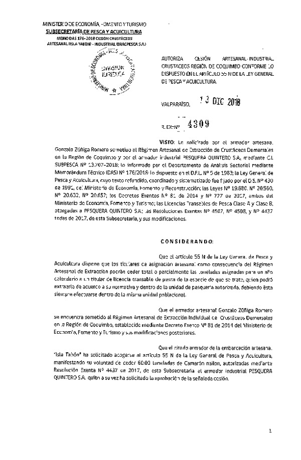 Res. Ex. N° 4309-2018 Autoriza cesión Crustáceos Región de Coquimbo.