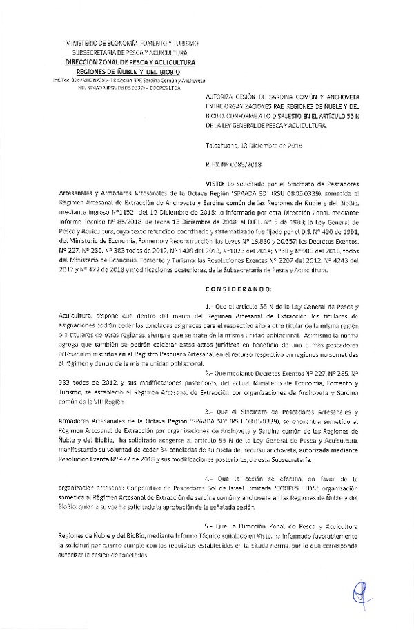 Res. Ex. N° 85-2018 (DZP VIII) Autoriza Cesión Anchoveta y Sardina común, Regiones de Ñuble y del Biobío.