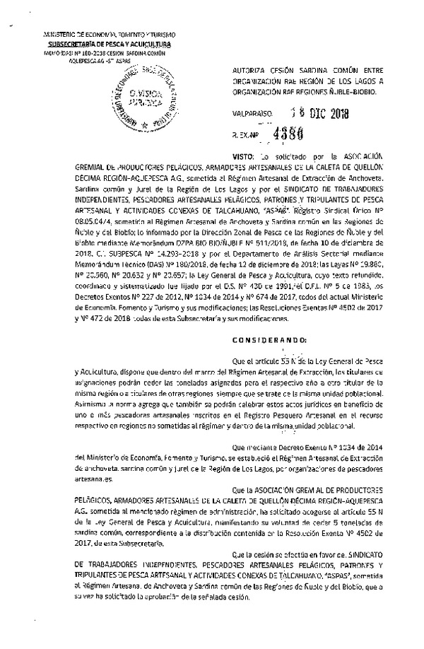 Res. Ex. N° 4386-2018 Autoriza cesión Anchoveta y Sardina común Región de Los Lagos a Regiones Ñuble - Biobío.