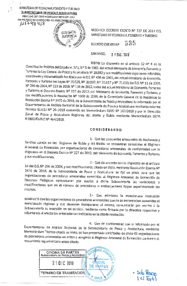 Dec. Ex. N° 535-2018 Modifica Dec. Ex. Nº 227-2012 RAE Pelágicos Regiones de Ñuble - Bibío. (Publicado en Página Web 27-12-2018) (F.D.O. 04-01-2019)