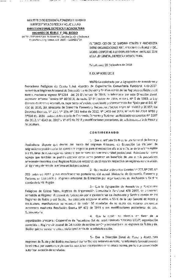 Res. Ex. N° 89-2018 (DZP VIII) Autoriza Cesión Anchoveta y Sardina común, Regiones de Ñuble y del Biobío.