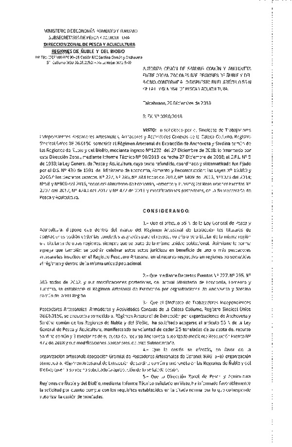 Res. Ex. N° 90-2018 (DZP VIII) Autoriza Cesión Anchoveta y Sardina común, Regiones de Ñuble y del Biobío.