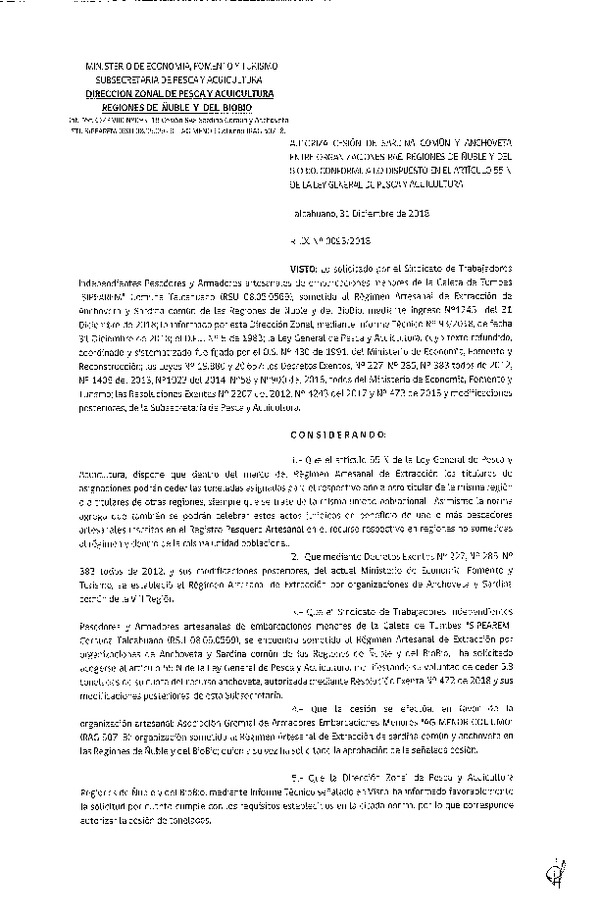Res. Ex. N° 93-2018 (DZP VIII) Autoriza Cesión Anchoveta y Sardina común, Regiones de Ñuble y del Biobío.