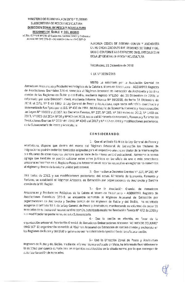Res. Ex. N° 98-2018 (DZP VIII) Autoriza Cesión Anchoveta y Sardina común, Regiones de Ñuble y del Biobío.