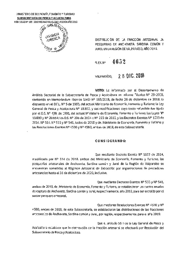 Res. Ex. N° 4652-2018 Distribución de la fracción artesanal de pesquería de Anchoveta, sardina común y Jurel, Región de Valparaíso, año 2019. (Publicado en Página Web 08-01-2019)