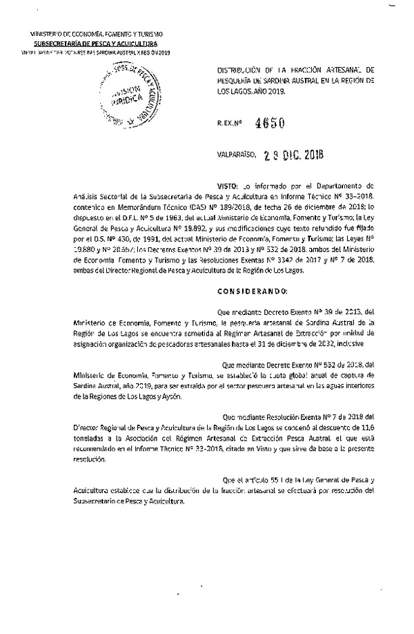 Res. Ex. N° 4650-2018 Distribución de la fracción artesanal de pesquería de Sardina Austral, Región de Los Lagos, año 2019. (Publicado en Página Web 08-01-2019)