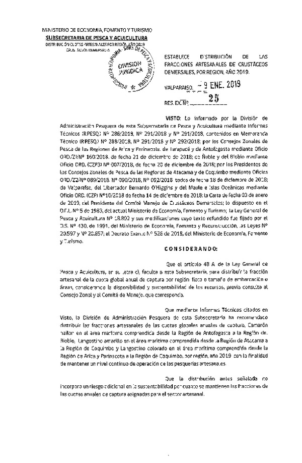 Res. Ex. N° 25-2019 Establece Distribución de las Fracciones Artesanales de Crustáceos Demersales por Región, año 2019. (Publicado en Página Web 10-01-2019)(F.D.O. 17-01-2019)
