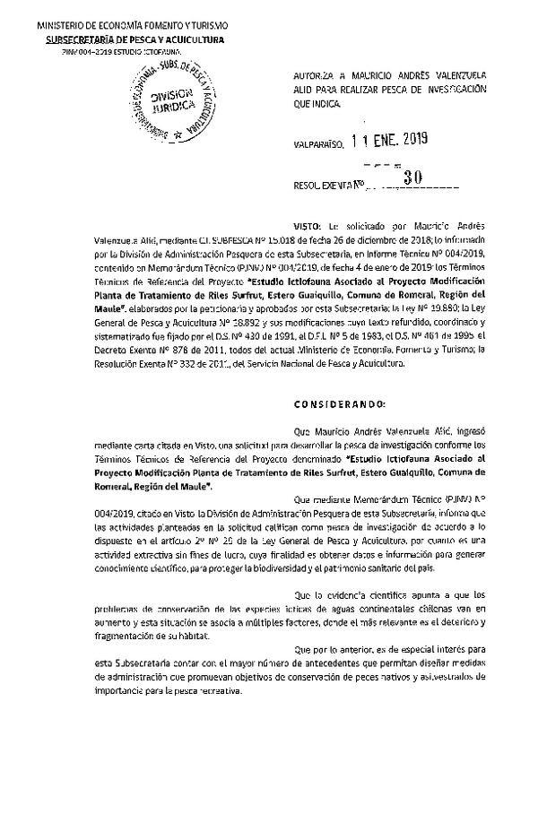 Res. Ex. N° 30-2019 Estudio ictofauna comuna de Romeral, Región del Maule.