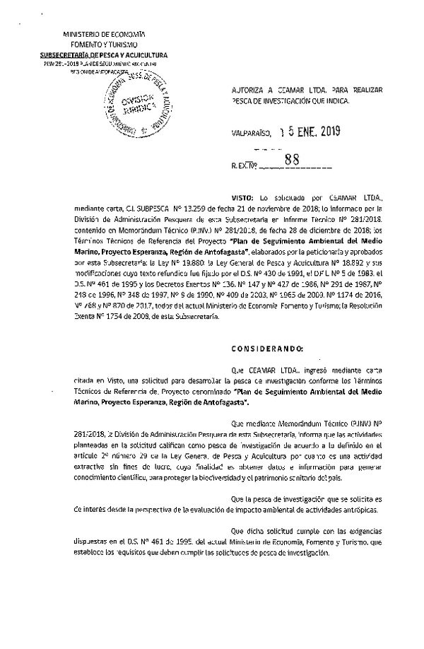 Res. Ex. N° 88-2019 Plan de seguimiento ambiental Región de Antofagasta.