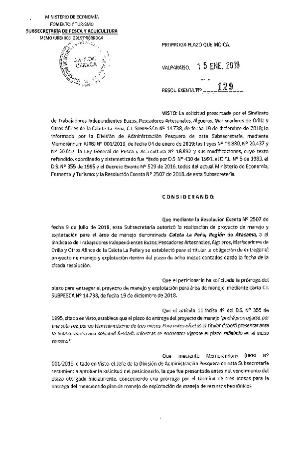 Res. Ex. N° 129-2019 Prorroga Plan de Manejo.