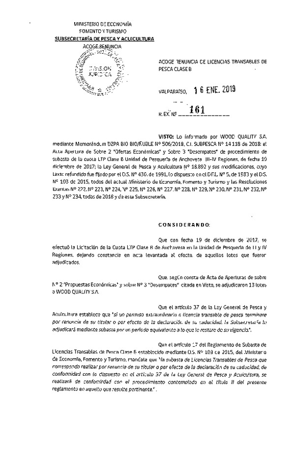 Res. Ex. N° 161-2019 Acoge renuncia de Licencias Transables de Pesca Clase B. (Publicado en Página Web 21-01-2019)