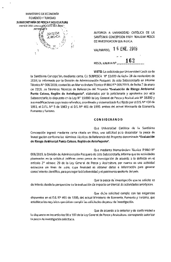 Res. Ex. N° 162-2019 Autoriza a Universidad Católica de la Santísima Concepción para realizar pesca de investigación que indica (Publicado en Página Web 21-01-2019)
