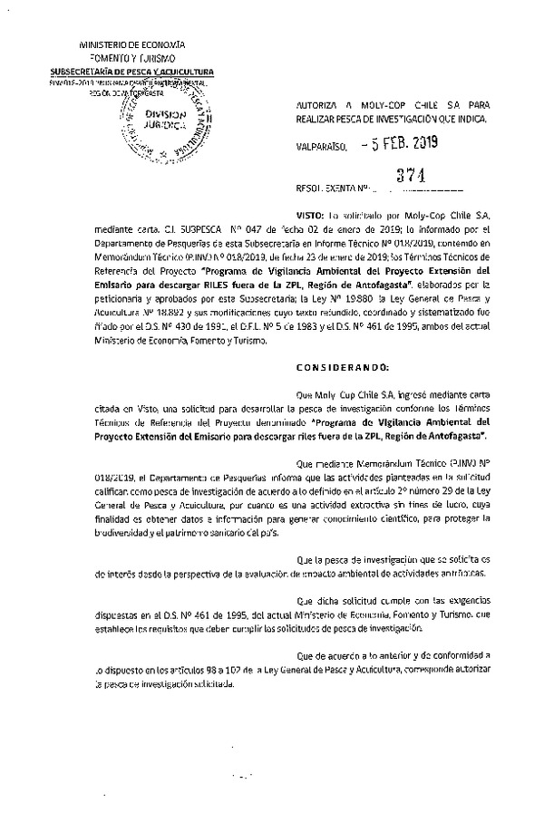 Res. Ex. Nº 374 de 2019 que autoriza a Moly-Cop Chile para realizar pesca de investigación que indica.