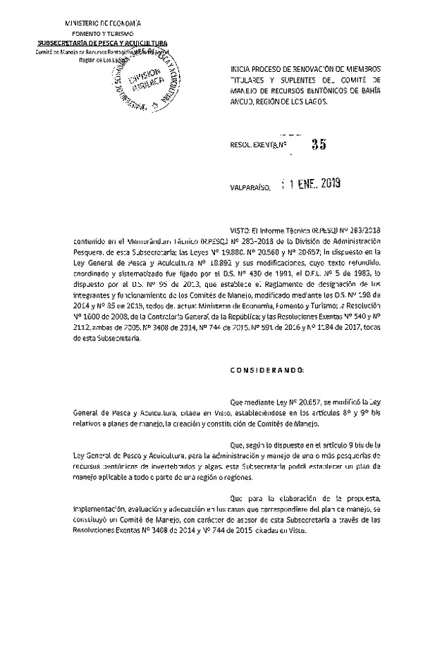 Res. Ex. N° 35-2019 Inicia Proceso de renovación de Miembros Titulares y Suplentes del Comité de manejo de Recursos Bentónicos de Bahía Ancud, Región de Los lagos. (F.D.O. 19-01-2019)