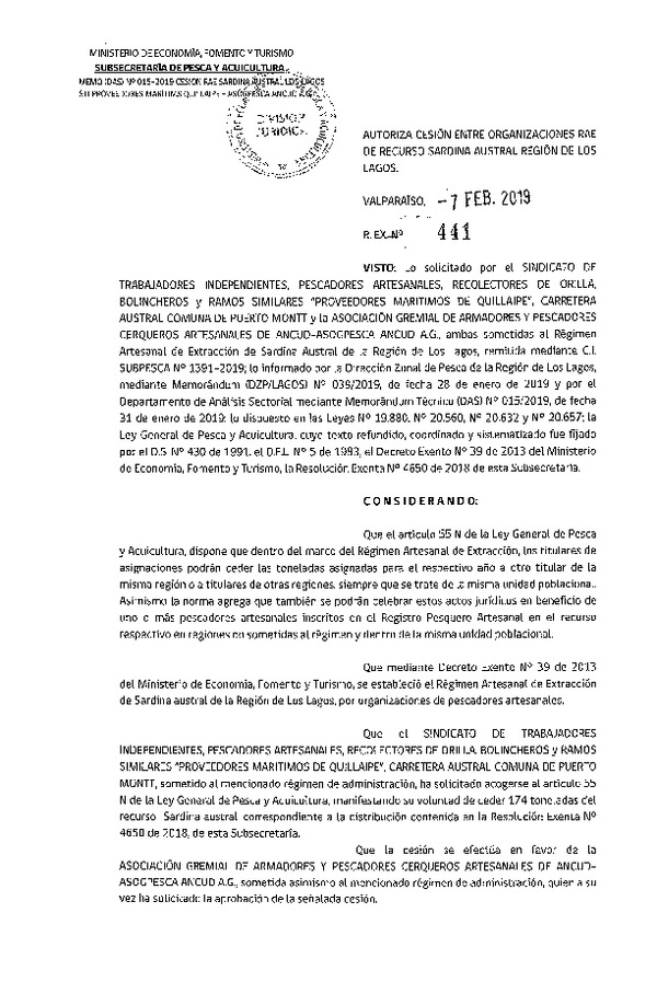 Res. Ex. N° 441-2019 Autoriza cesión Sardina austral, Región de Los Lagos.