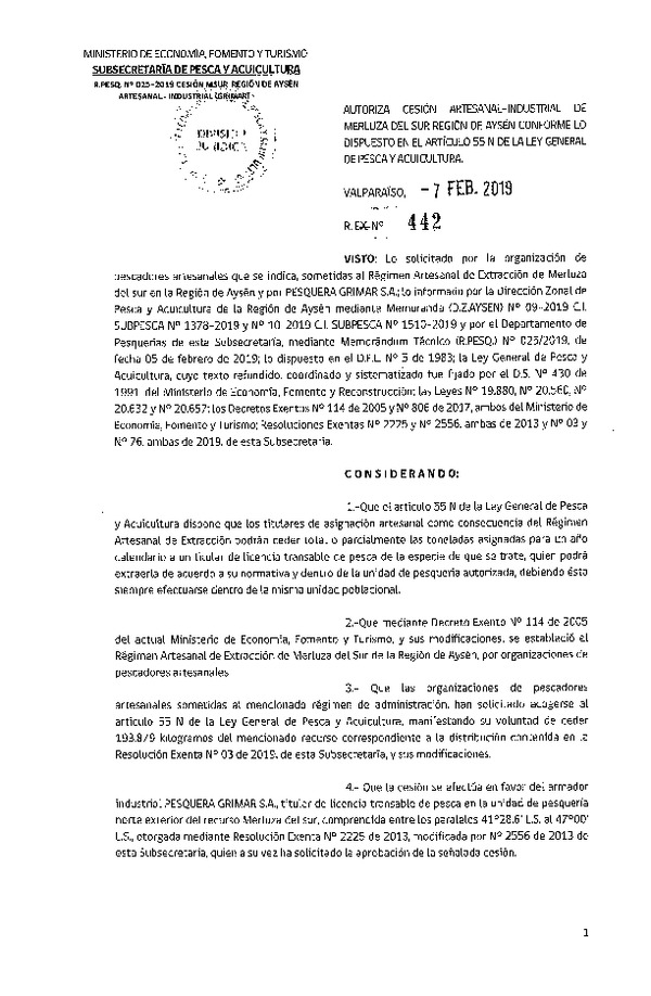 Res. Ex. N° 442-2019 Cesión Merluza del sur Región de Aysén.