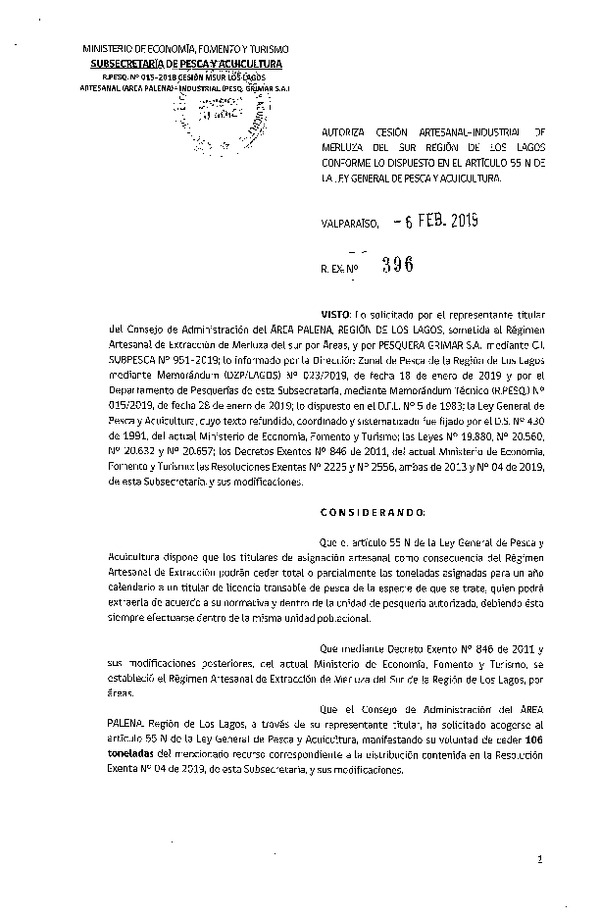Res. Ex. N° 396-2019 Cesión Merluza del sur Región de Los Lagos.