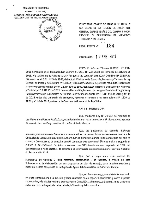 Res. Ex. N° 184-2019 Constituye Comité de Manejo de Jaibas y Centollas de la Región de Aysén e Inicia Proceso de Designación de miembros Titulares y Suplentes. (Publicado en Página Web 12-02-2019)