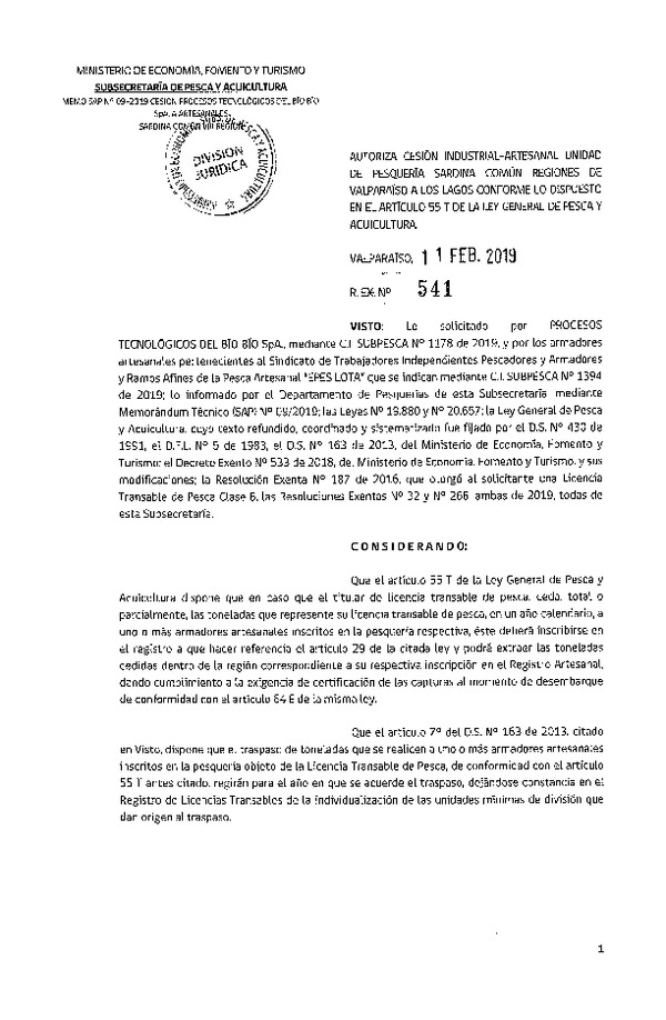 Res. Ex. N° 541-2019 Autoriza cesión pesquería sardina común, Regiones de Valparaíso a Los Lagos.