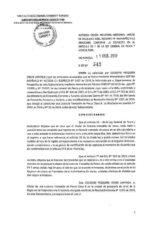 Res. Ex. N° 542-2019 Autoriza cesión pesquería Jurel, Regiones de Valparaíso a La Araucanía.
